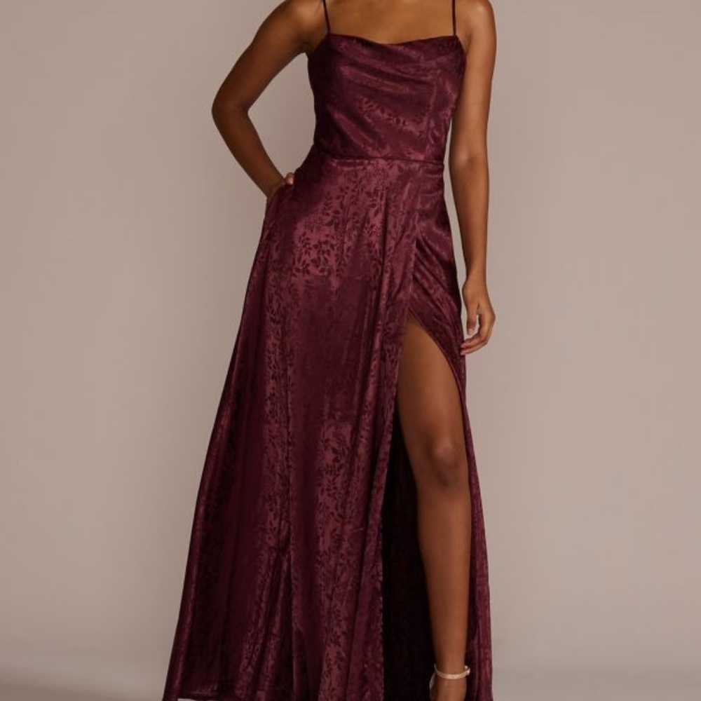 Cinnamon Jacquard Cowl Neck Bridesmaid Dress w/ Slit and pockets